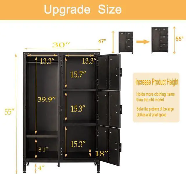 Alt view image 3 of 7 - AFAIF Metal Locker Storage Cabinet, 55" Steel Retro Wardrobe, 4 Doors Lockable, Adjustable Feet Organizer Locker for Employees Home Office School Gym (4 Doors)