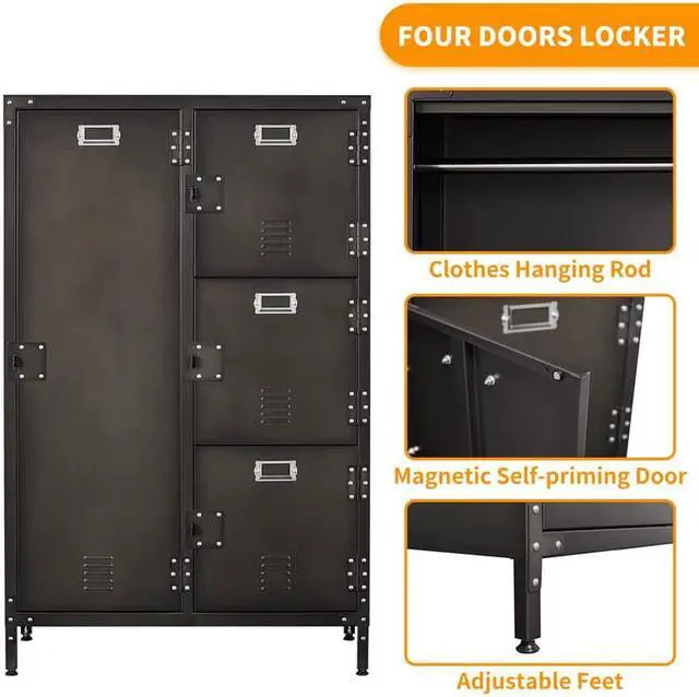 Alt view image 5 of 7 - AFAIF Metal Locker Storage Cabinet, 55" Steel Retro Wardrobe, 4 Doors Lockable, Adjustable Feet Organizer Locker for Employees Home Office School Gym (4 Doors)