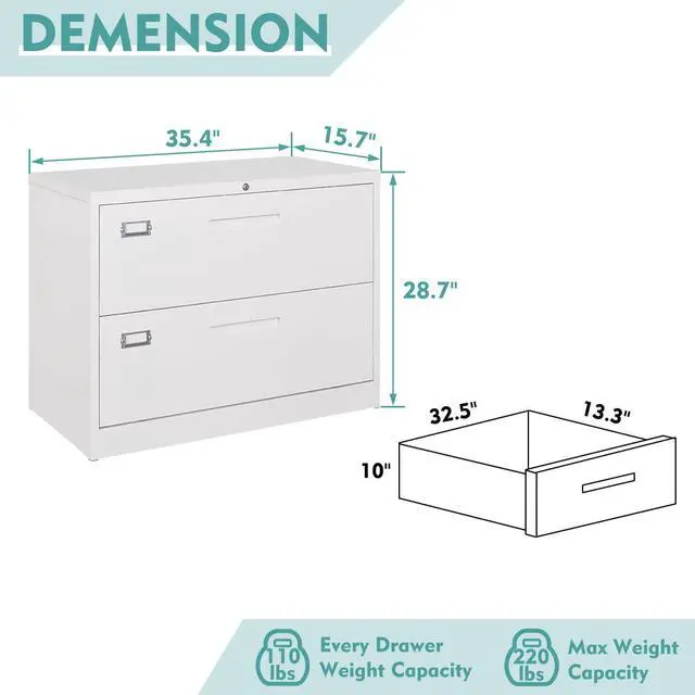 Alt view image 3 of 6 - AFAIF Lateral File Cabinet 2 Drawer with Lock, White Filing Cabinet Home Office, Large Deep Drawers Locked by Keys, for Hanging Folders Files Letter/Legal/F4/A4 Size