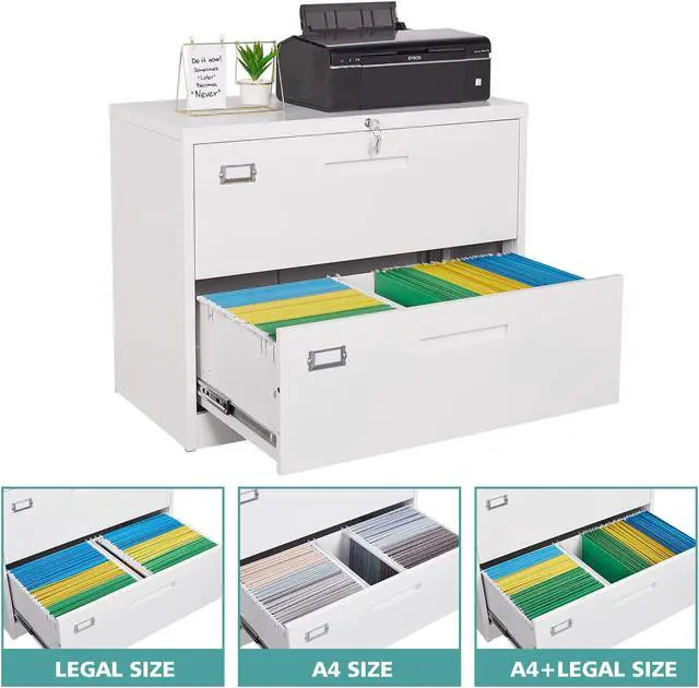 Alt view image 4 of 6 - AFAIF Lateral File Cabinet 2 Drawer with Lock, White Filing Cabinet Home Office, Large Deep Drawers Locked by Keys, for Hanging Folders Files Letter/Legal/F4/A4 Size