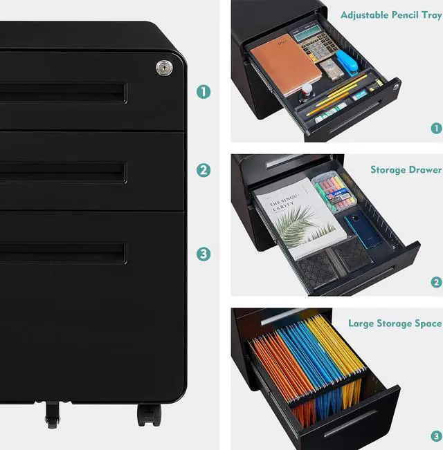 Alt view image 4 of 7 - AFAIF Mobile Filing Cabinet 3 Drawer, Rolling Small File Cabinet with Keys Under Desk, Modern Black Filing Cabinet for Home Office with Anti-tilt Wheels, A4/Letter/Legal Hanging File Drawers