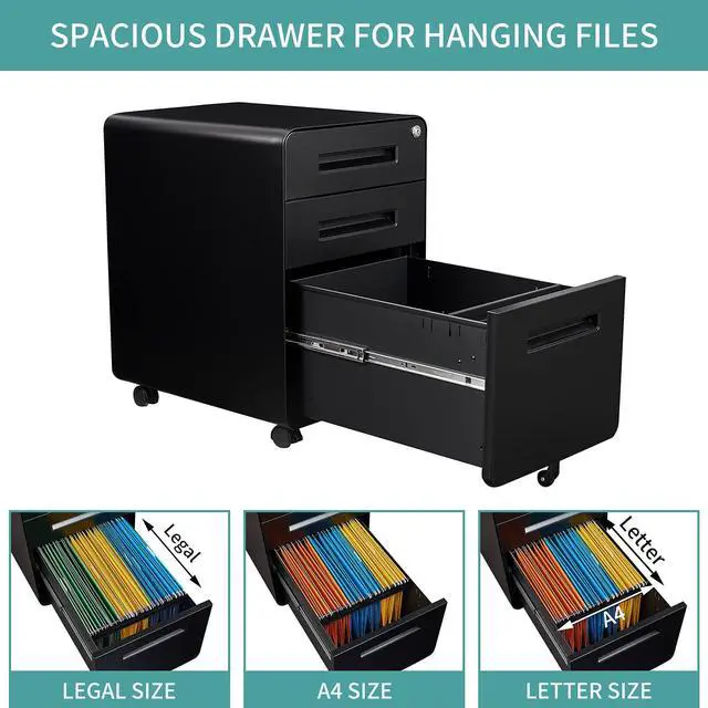 Alt view image 6 of 7 - AFAIF Mobile Filing Cabinet 3 Drawer, Rolling Small File Cabinet with Keys Under Desk, Modern Black Filing Cabinet for Home Office with Anti-tilt Wheels, A4/Letter/Legal Hanging File Drawers