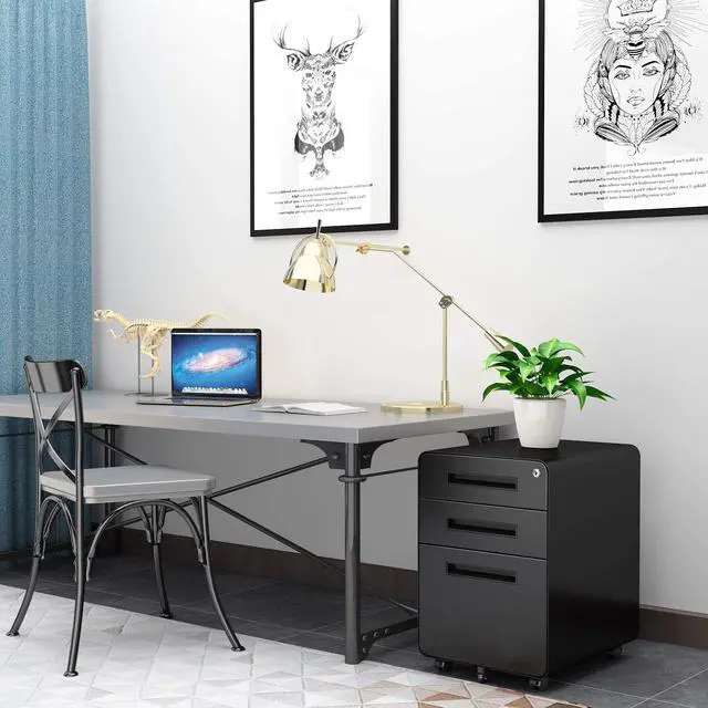 Alt view image 2 of 7 - AFAIF Mobile Filing Cabinet 3 Drawer, Rolling Small File Cabinet with Keys Under Desk, Modern Black Filing Cabinet for Home Office with Anti-tilt Wheels, A4/Letter/Legal Hanging File Drawers