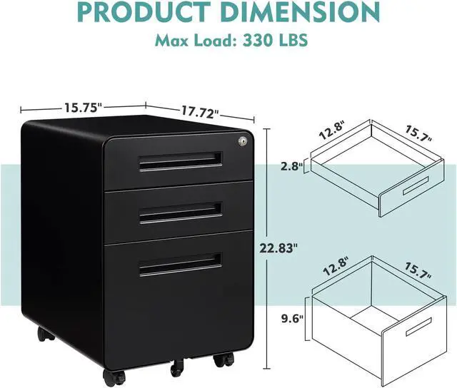 Alt view image 3 of 7 - AFAIF Mobile Filing Cabinet 3 Drawer, Rolling Small File Cabinet with Keys Under Desk, Modern Black Filing Cabinet for Home Office with Anti-tilt Wheels, A4/Letter/Legal Hanging File Drawers