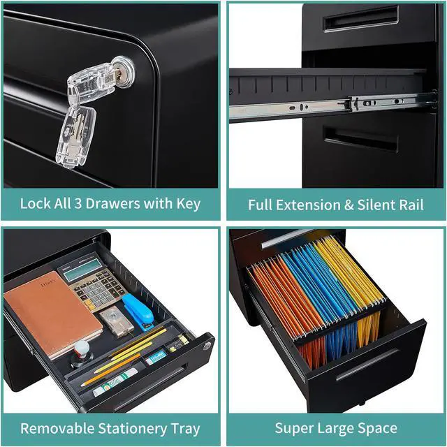 Alt view image 5 of 7 - AFAIF Mobile Filing Cabinet 3 Drawer, Rolling Small File Cabinet with Keys Under Desk, Modern Black Filing Cabinet for Home Office with Anti-tilt Wheels, A4/Letter/Legal Hanging File Drawers