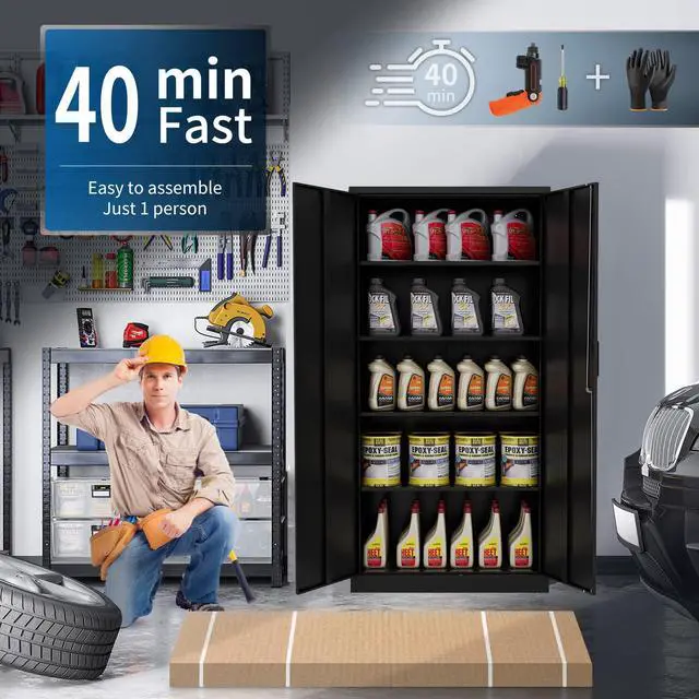 Alt view image 2 of 7 - AFAIF Metal Garage Storage Cabinet with 2 Doors and 4 Adjustable Shelves - 71" Steel Lockable File/Locking Tool Cabinets for Office,Home,Gym,School