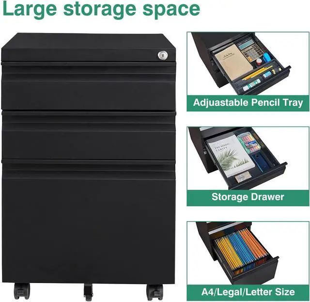 Alt view image 4 of 7 - AFAIF 3 Drawer File Cabinet with Lock on Wheels, Mobile Steel Pedestal File Cabinet Under Desk (No assembly)