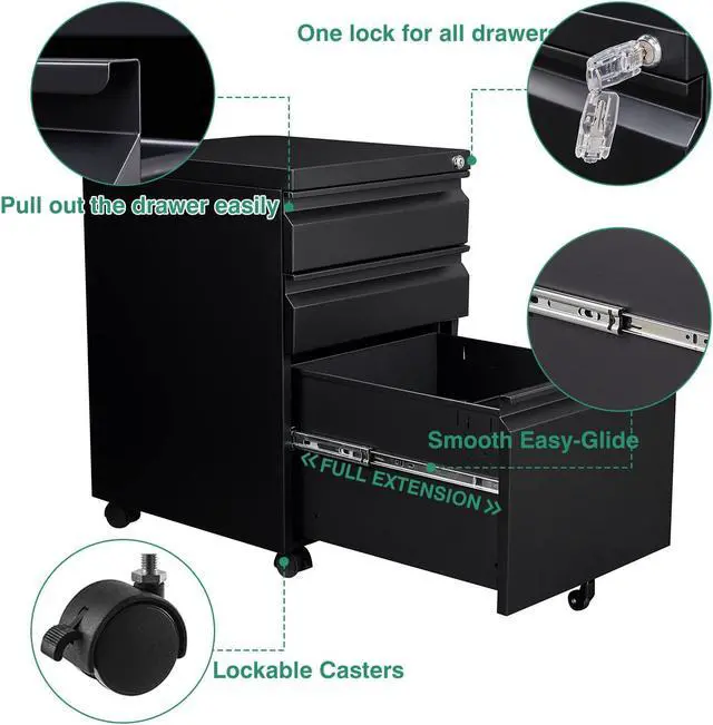Alt view image 5 of 7 - AFAIF 3 Drawer File Cabinet with Lock on Wheels, Mobile Steel Pedestal File Cabinet Under Desk (No assembly)