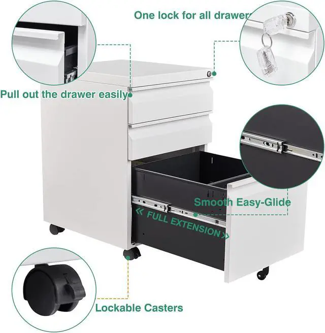 Alt view image 6 of 7 - AFAIF 3 Drawer File Cabinet with Lock on Wheels, Mobile Steel Pedestal File Cabinet Under Desk (No assembly) White