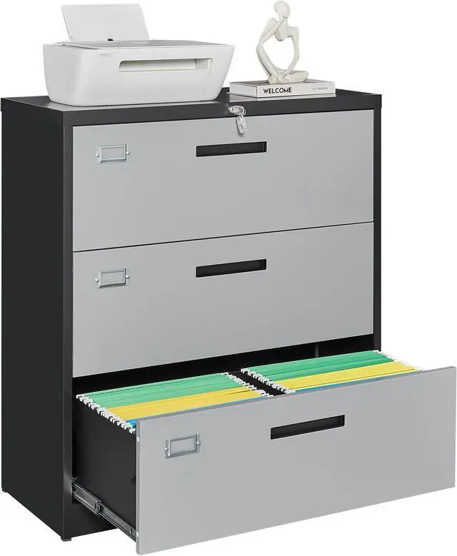 Alt view image 4 of 5 - 3 Drawer Lateral File Cabinet with Lock, Filing Cabinet for Home Office, Easy Assemble, Metal Storage File Cabinet for Hanging Files Letter/Legal/F4/A4 Size Black&Grey