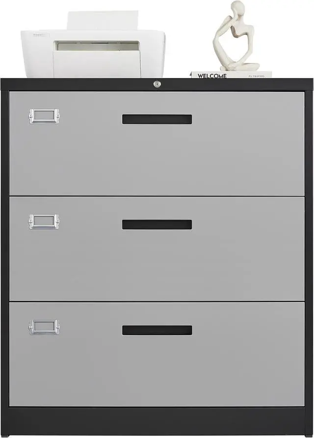 Alt view image 2 of 5 - 3 Drawer Lateral File Cabinet with Lock, Filing Cabinet for Home Office, Easy Assemble, Metal Storage File Cabinet for Hanging Files Letter/Legal/F4/A4 Size Black&Grey