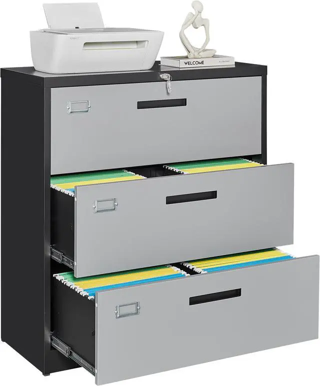 Alt view image 5 of 5 - 3 Drawer Lateral File Cabinet with Lock, Filing Cabinet for Home Office, Easy Assemble, Metal Storage File Cabinet for Hanging Files Letter/Legal/F4/A4 Size Black&Grey