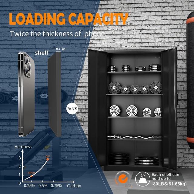 Alt view image 4 of 7 - Metal Garage Storage Cabinet with 2 Doors and 4 Adjustable Shelves - 72" Steel Lockable File/Locking Tool Cabinets for Office, Home, Gym, School