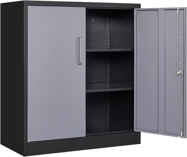 Metal Storage Cabinets With Lock Small Locker Organizer Steel Adjule Layers Shelves 2 Doors For Home Office Warehouse Garage Employee Lockers Black And Grey Newegg Com