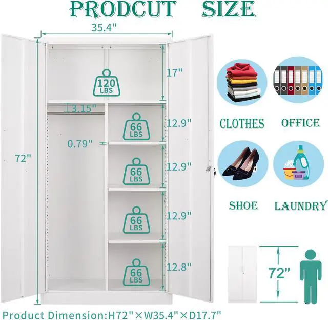 Alt view image 3 of 7 - Metal Armoire Wardrobe Closet Cabinet for Hanging Clothes with Lock Doors - 72" Steel Lockable Wardrobe Storage Locker Clothes Organizer for Bedroom, Laundry Room