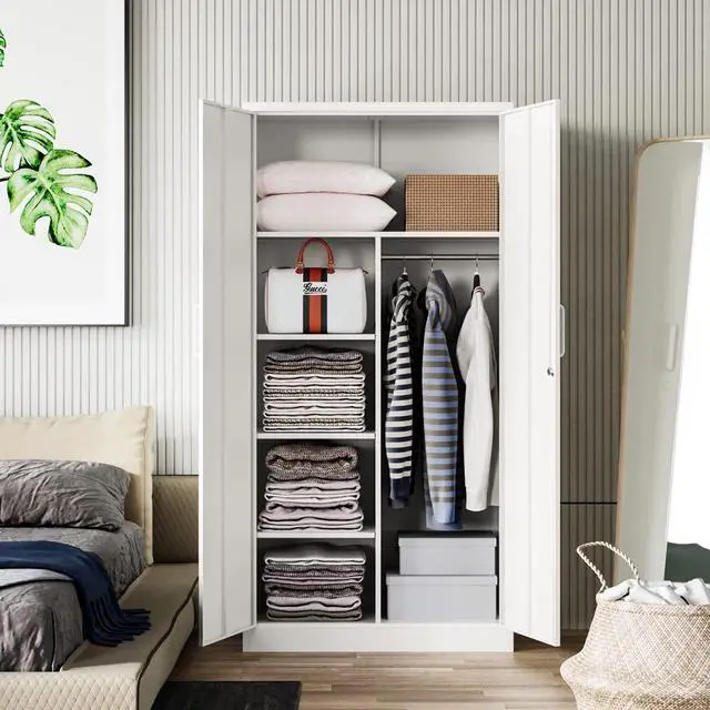 Alt view image 2 of 7 - Metal Armoire Wardrobe Closet Cabinet for Hanging Clothes with Lock Doors - 72" Steel Lockable Wardrobe Storage Locker Clothes Organizer for Bedroom, Laundry Room