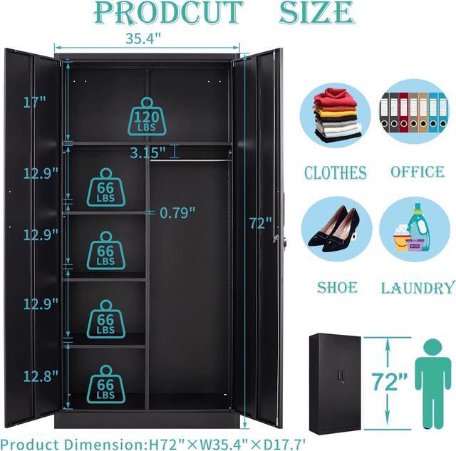 Alt view image 5 of 6 - Metal Armoire Wardrobe Closet Cabinet for Hanging Clothes with Lock Doors - 72" Steel Lockable Wardrobe Storage Locker Clothes Organizer for Bedroom, Laundry Room Black