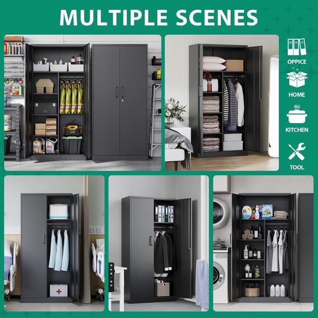 Alt view image 2 of 6 - Metal Armoire Wardrobe Closet Cabinet for Hanging Clothes with Lock Doors - 72" Steel Lockable Wardrobe Storage Locker Clothes Organizer for Bedroom, Laundry Room Black