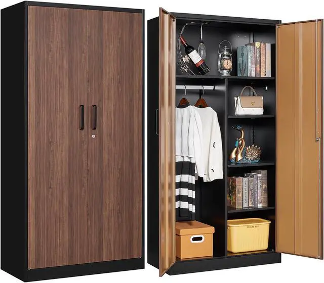 Main image of Metal Armoire Wardrobe Closet Cabinet for Hanging Clothes with Lock Doors - 72" Steel Lockable Wardrobe Storage Locker Clothes Organizer for Bedroom, Laundry Room Woodgrain