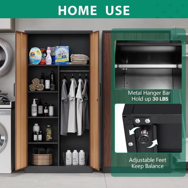 Alt view image 4 of 7 - Metal Armoire Wardrobe Closet Cabinet for Hanging Clothes with Lock Doors - 72" Steel Lockable Wardrobe Storage Locker Clothes Organizer for Bedroom, Laundry Room Woodgrain