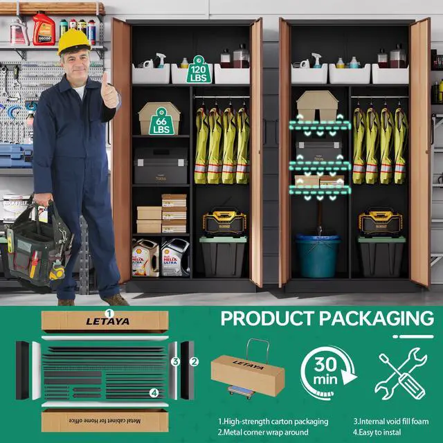 Alt view image 5 of 7 - Metal Armoire Wardrobe Closet Cabinet for Hanging Clothes with Lock Doors - 72" Steel Lockable Wardrobe Storage Locker Clothes Organizer for Bedroom, Laundry Room Woodgrain