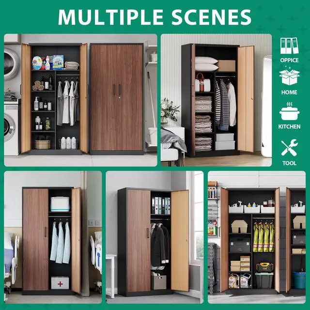 Alt view image 3 of 7 - Metal Armoire Wardrobe Closet Cabinet for Hanging Clothes with Lock Doors - 72" Steel Lockable Wardrobe Storage Locker Clothes Organizer for Bedroom, Laundry Room Woodgrain