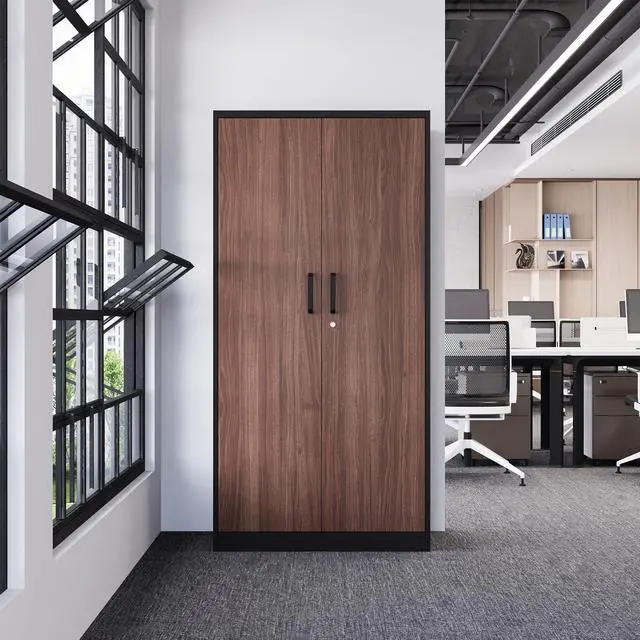 Alt view image 2 of 7 - Metal Armoire Wardrobe Closet Cabinet for Hanging Clothes with Lock Doors - 72" Steel Lockable Wardrobe Storage Locker Clothes Organizer for Bedroom, Laundry Room Woodgrain