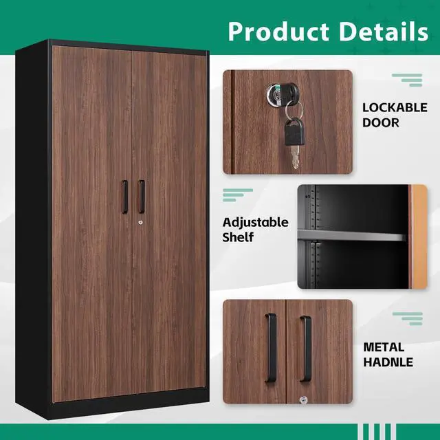 Alt view image 6 of 7 - Metal Armoire Wardrobe Closet Cabinet for Hanging Clothes with Lock Doors - 72" Steel Lockable Wardrobe Storage Locker Clothes Organizer for Bedroom, Laundry Room Woodgrain