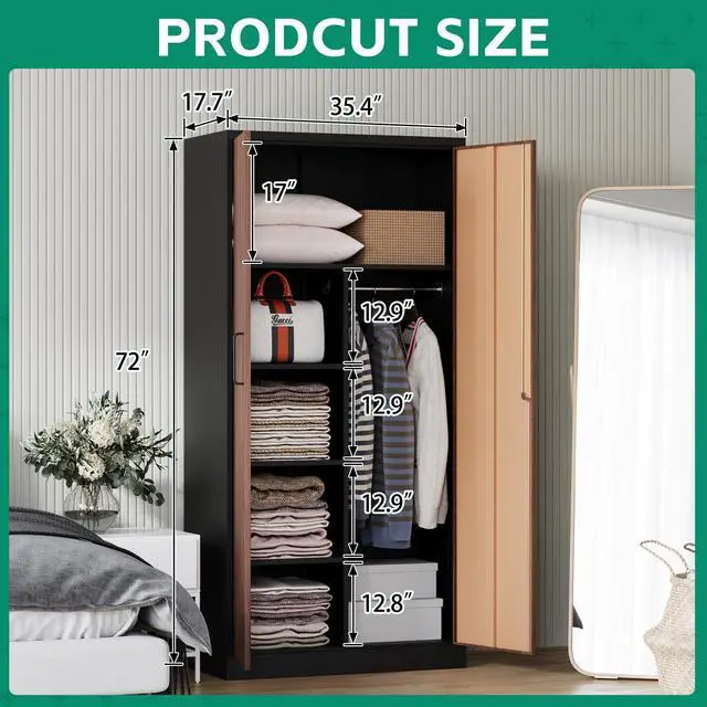 Alt view image 7 of 7 - Metal Armoire Wardrobe Closet Cabinet for Hanging Clothes with Lock Doors - 72" Steel Lockable Wardrobe Storage Locker Clothes Organizer for Bedroom, Laundry Room Woodgrain