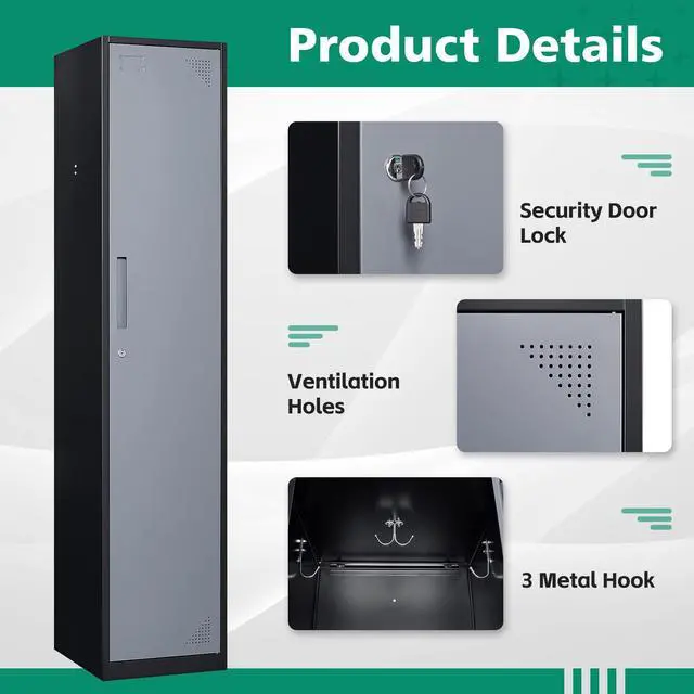 Alt view image 5 of 6 - Metal Lockers for Employees with Lock, Employees Locker Storage Cabinet with 1 Doors, Tall Steel Storage Locker for Gym, School, Office Black and Grey