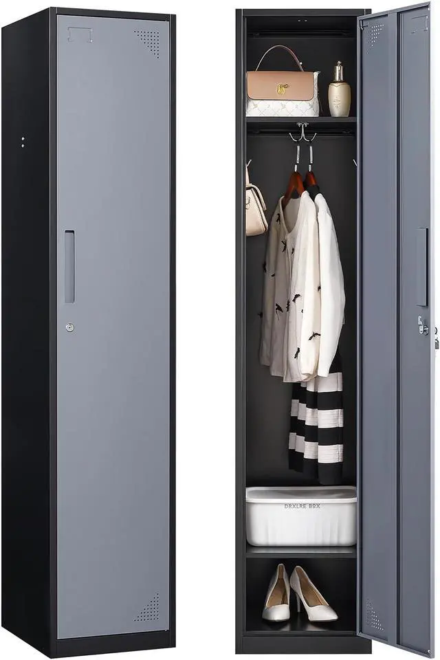 Main image of Metal Lockers for Employees with Lock, Employees Locker Storage Cabinet with 1 Doors, Tall Steel Storage Locker for Gym, School, Office Black and Grey