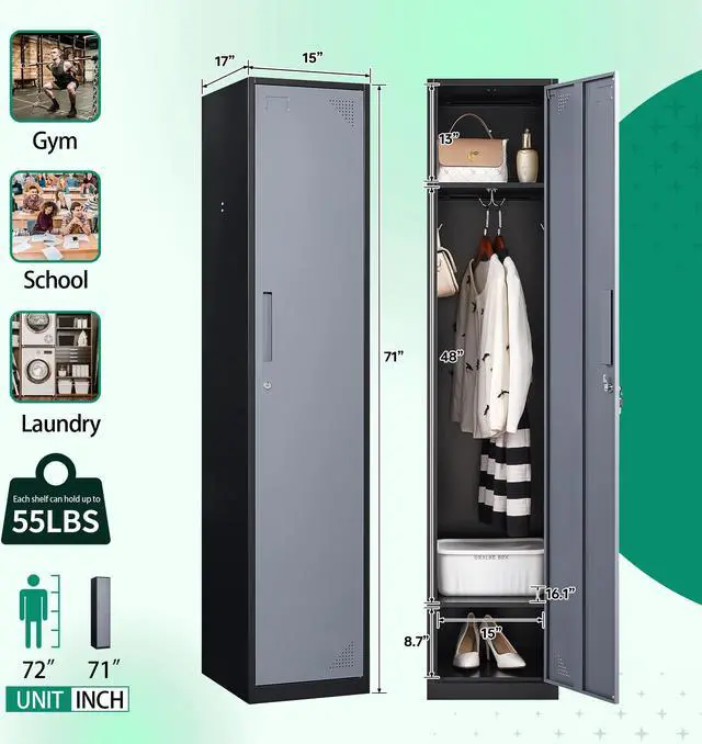 Alt view image 6 of 6 - Metal Lockers for Employees with Lock, Employees Locker Storage Cabinet with 1 Doors, Tall Steel Storage Locker for Gym, School, Office Black and Grey
