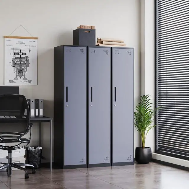 Alt view image 3 of 6 - Metal Lockers for Employees with Lock, Employees Locker Storage Cabinet with 1 Doors, Tall Steel Storage Locker for Gym, School, Office Black and Grey