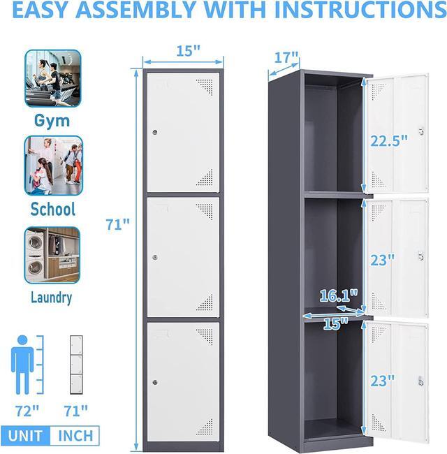 Alt view image 4 of 5 - Metal Lockers for Employees with Lock, Employees Locker Storage Cabinet with 3 Doors, Tall Steel Storage Locker for Gym, School, Office