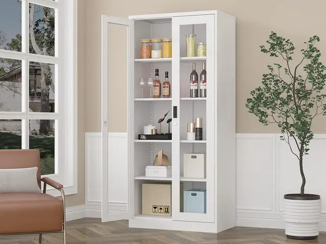 Alt view image 5 of 7 - Curio Cabinet Glass Display Cabinet with Glass Door & 4 Adjustable Shelves White