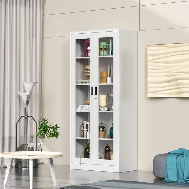 Alt view image 7 of 7 - Curio Cabinet Glass Display Cabinet with Glass Door & 4 Adjustable Shelves White