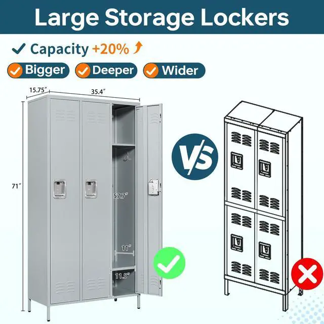 Alt view image 5 of 6 - Metal Lockers Single Door 3-Wide, 72" x 36" x 16" Storage Locker Units, Space Saving Employee Locker with Storage Shelves, Lockable Doors and Hanging Hooks
