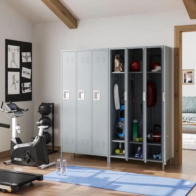 Alt view image 2 of 6 - Metal Lockers Single Door 3-Wide, 72" x 36" x 16" Storage Locker Units, Space Saving Employee Locker with Storage Shelves, Lockable Doors and Hanging Hooks