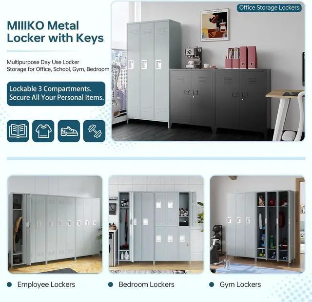 Alt view image 3 of 6 - Metal Lockers Single Door 3-Wide, 72" x 36" x 16" Storage Locker Units, Space Saving Employee Locker with Storage Shelves, Lockable Doors and Hanging Hooks