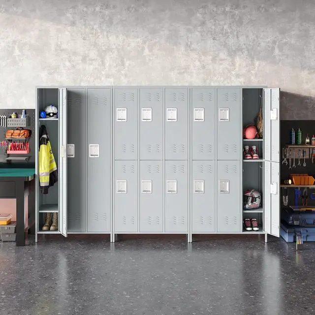 Alt view image 4 of 6 - Metal Lockers Single Door 3-Wide, 72" x 36" x 16" Storage Locker Units, Space Saving Employee Locker with Storage Shelves, Lockable Doors and Hanging Hooks