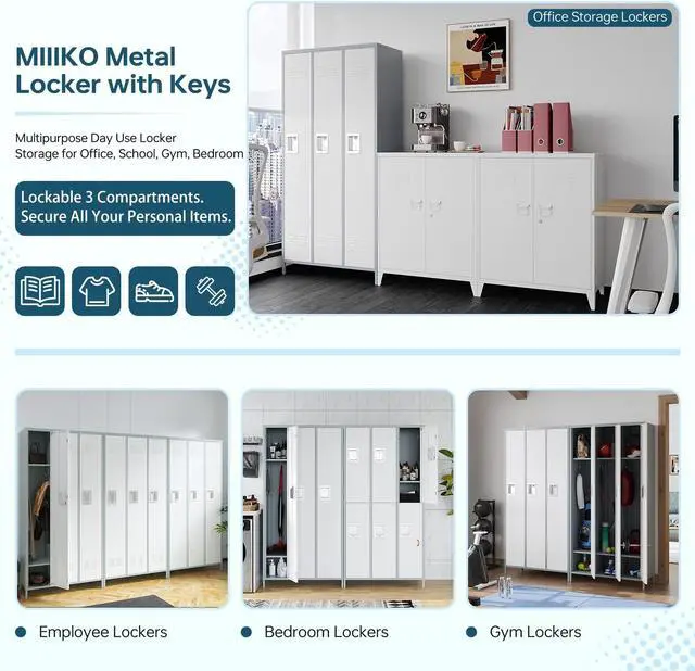 Alt view image 3 of 6 - Metal Lockers Single Door 3-Wide, 72" x 36" x 16" Storage Locker Units, Space Saving Employee Locker with Storage Shelves, Lockable Doors and Hanging Hooks Grey and White
