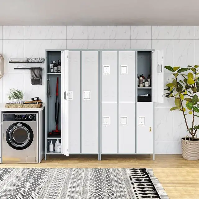 Alt view image 4 of 6 - Metal Lockers Single Door 3-Wide, 72" x 36" x 16" Storage Locker Units, Space Saving Employee Locker with Storage Shelves, Lockable Doors and Hanging Hooks Grey and White