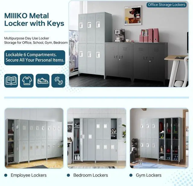 Alt view image 2 of 6 - 2 Tier Metal Lockers 3-Wide, 72" x 36" x 16" Storage Locker Units with 6 Compartments, Large Employee Locker with Shelves, Lockable Doors and Hanging Hooks