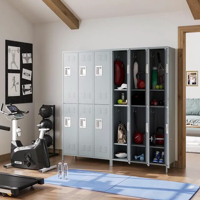 Alt view image 3 of 6 - 2 Tier Metal Lockers 3-Wide, 72" x 36" x 16" Storage Locker Units with 6 Compartments, Large Employee Locker with Shelves, Lockable Doors and Hanging Hooks