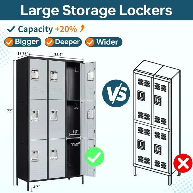 Alt view image 3 of 7 - 3 Tier Metal Lockers 3-Wide, 72" x 36" x 16" Storage Locker Units with 9 Compartments, Large Employee Locker with Shelves, Lockable Doors and Hanging Hooks