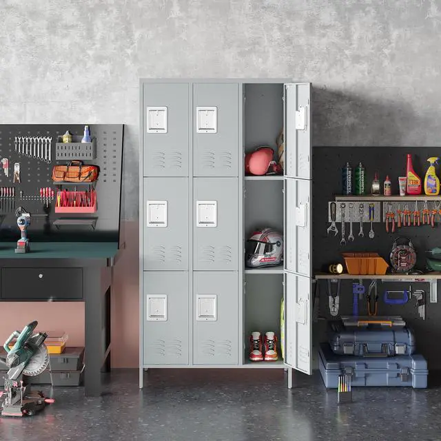 Alt view image 2 of 7 - 3 Tier Metal Lockers 3-Wide, 72" x 36" x 16" Storage Locker Units with 9 Compartments, Large Employee Locker with Shelves, Lockable Doors and Hanging Hooks