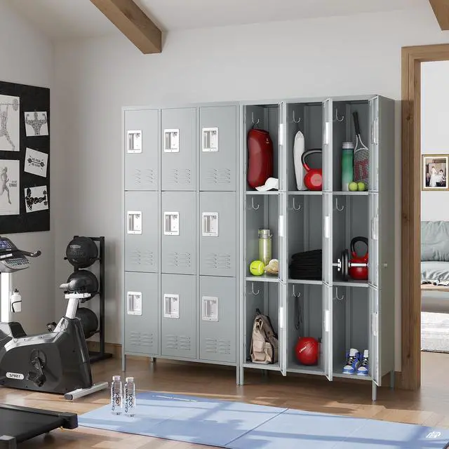 Alt view image 5 of 7 - 3 Tier Metal Lockers 3-Wide, 72" x 36" x 16" Storage Locker Units with 9 Compartments, Large Employee Locker with Shelves, Lockable Doors and Hanging Hooks