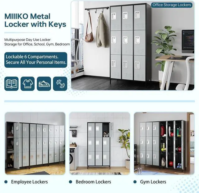 Alt view image 4 of 6 - 3 Tier Metal Lockers 3-Wide, 72" x 36" x 16" Storage Locker Units with 9 Compartments, Large Employee Locker with Shelves, Lockable Doors and Hanging Hooks Black and Grey