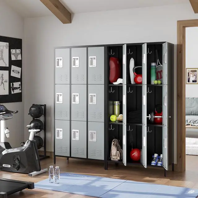 Alt view image 5 of 6 - 3 Tier Metal Lockers 3-Wide, 72" x 36" x 16" Storage Locker Units with 9 Compartments, Large Employee Locker with Shelves, Lockable Doors and Hanging Hooks Black and Grey