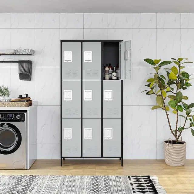 Alt view image 2 of 6 - 3 Tier Metal Lockers 3-Wide, 72" x 36" x 16" Storage Locker Units with 9 Compartments, Large Employee Locker with Shelves, Lockable Doors and Hanging Hooks Black and Grey
